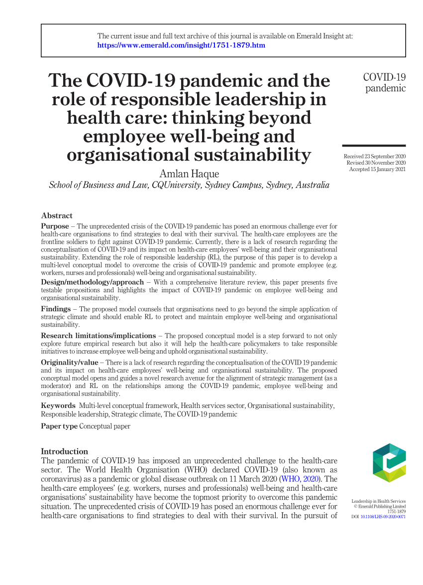 PDF) The COVID-19 pandemic and the role of responsible leadership ...