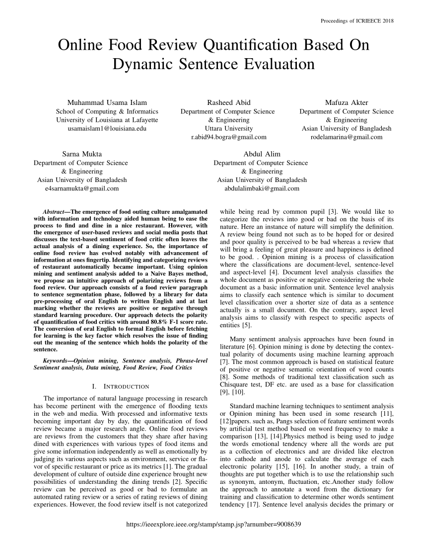 PDF Online Food Review Quantification Based On Dynamic Sentence