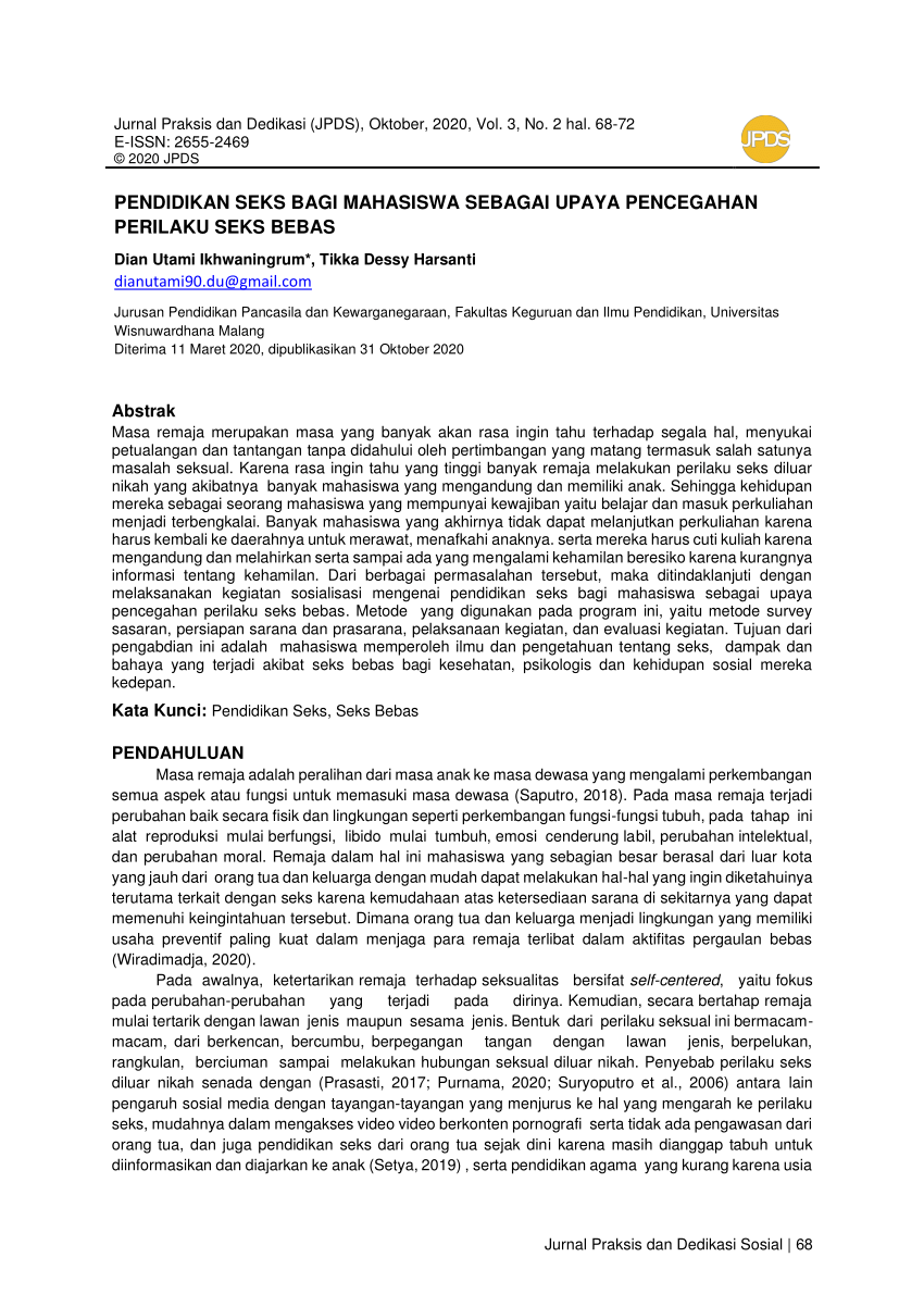 Pdf Pendidikan Seks Bagi Mahasiswa Sebagai Upaya Penanggulangan Perilaku Seks Bebas 6956