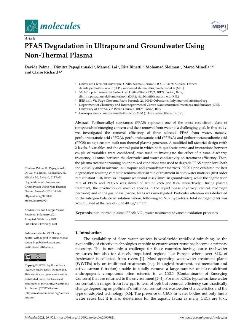 (PDF) PFAS Degradation in Ultrapure and Groundwater Using Non-Thermal