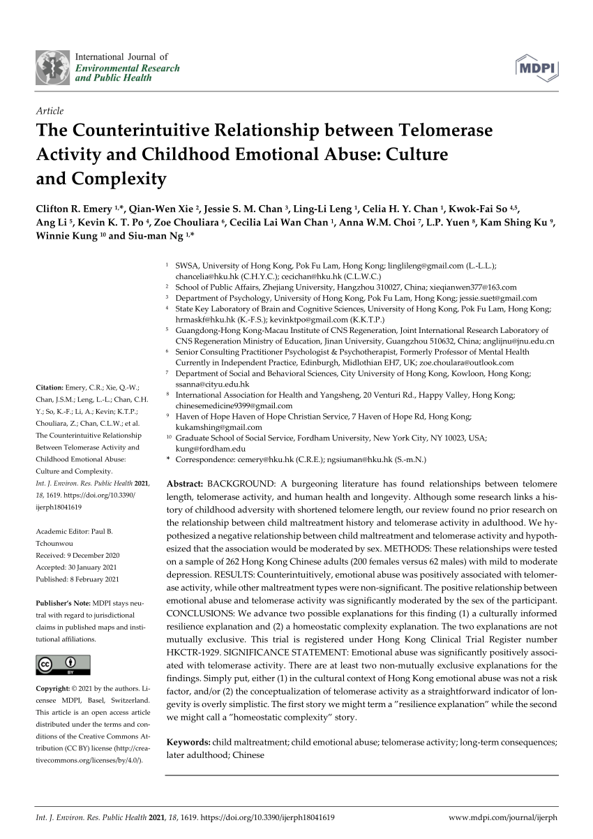 Pdf The Counterintuitive Relationship Between Telomerase Activity And Childhood Emotional Abuse Culture And Complexity