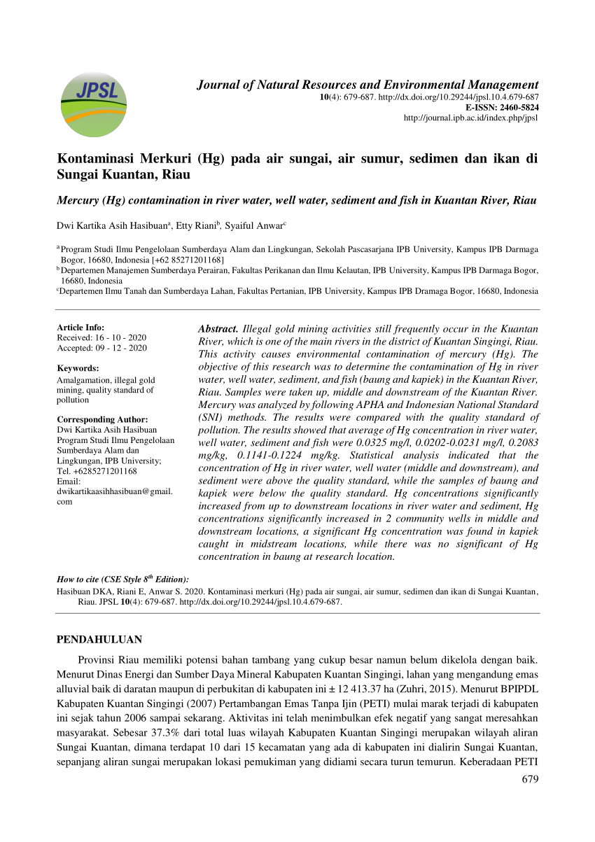 Pdf Kontaminasi Merkuri Hg Pada Air Sungai Air Sumur Sedimen Dan