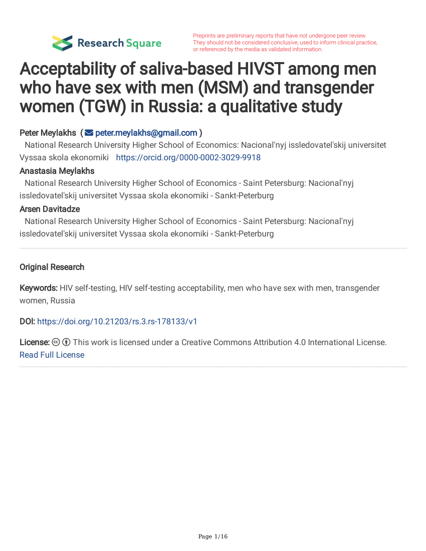 PDF) Acceptability of saliva-based HIVST among men who have sex with men  (MSM) and transgender women (TGW) in Russia: a qualitative study