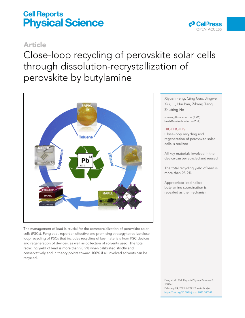 Pdf Close Loop Recycling Of Perovskite Solar Cells Through Dissolution Recrystallization Of Perovskite By Butylamine