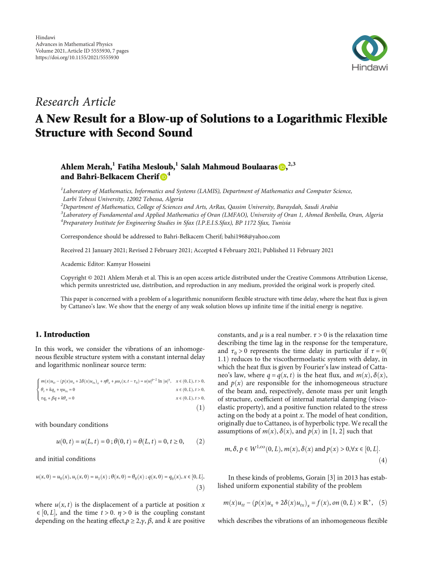 Pdf A New Result For A Blow Up Of Solutions To A Logarithmic Flexible Structure With Second Sound