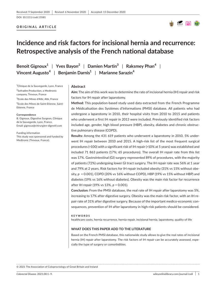 PDF) Incidence and risk factors for incisional hernia and 