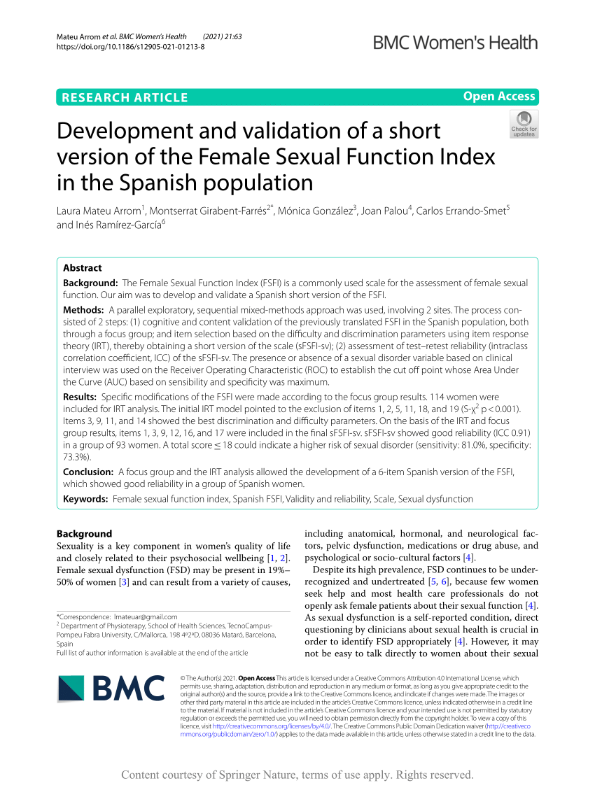 Pdf Development And Validation Of A Short Version Of The Female Sexual Function Index In The 8099