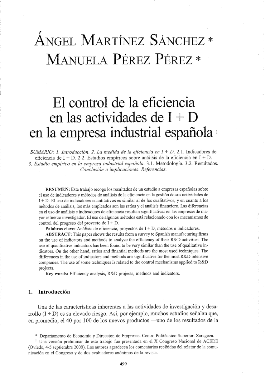 Pdf El Control De La Eficiencia En Las Actividades De Id En La Empresa Industrial Española 9415