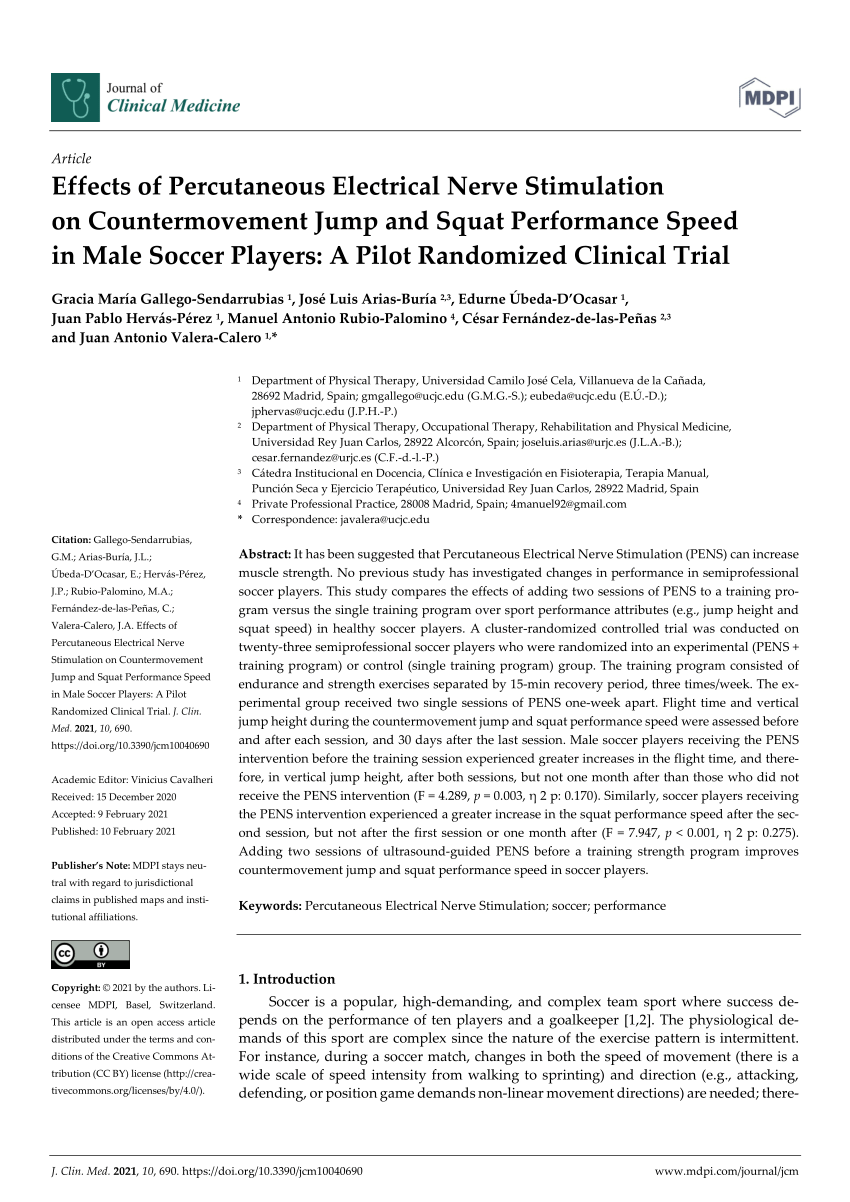 Pdf Effects Of Percutaneous Electrical Nerve Stimulation On Countermovement Jump And Squat Performance Speed In Male Soccer Players A Pilot Randomized Clinical Trial