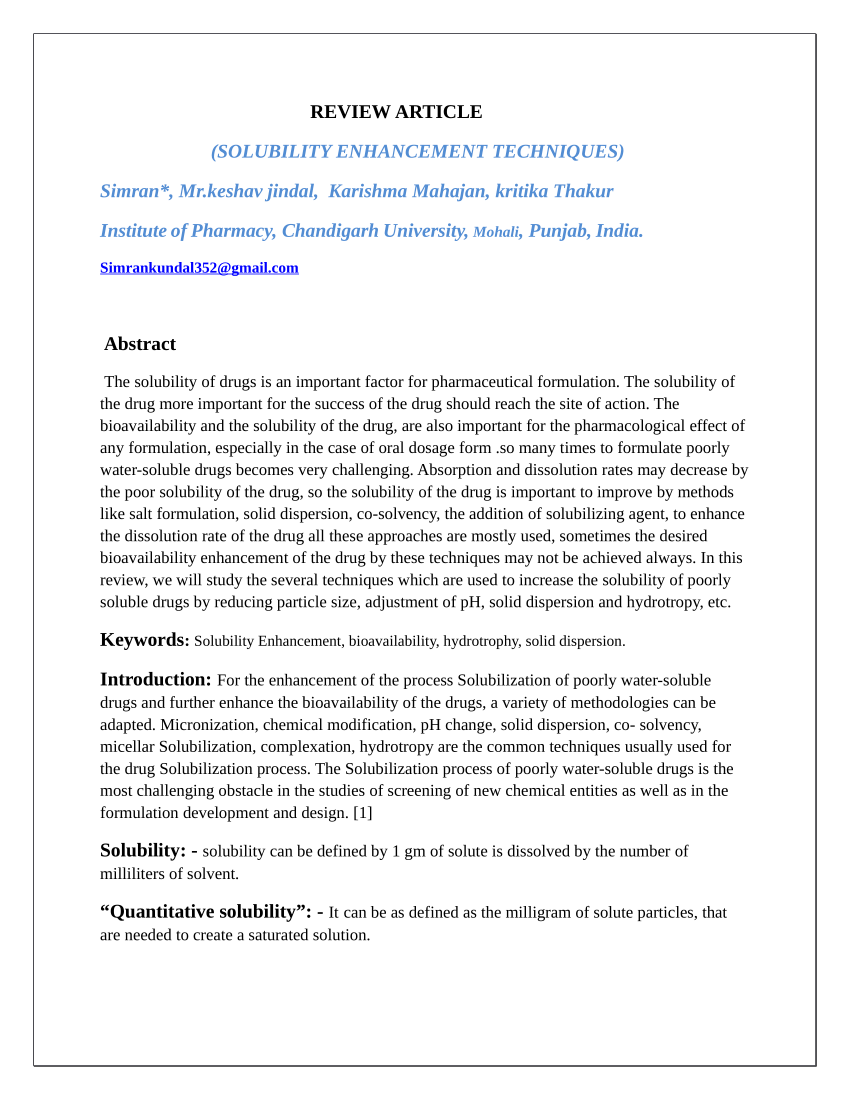 (PDF) REVIEW ARTICLE (SOLUBILITY ENHANCEMENT TECHNIQUES)