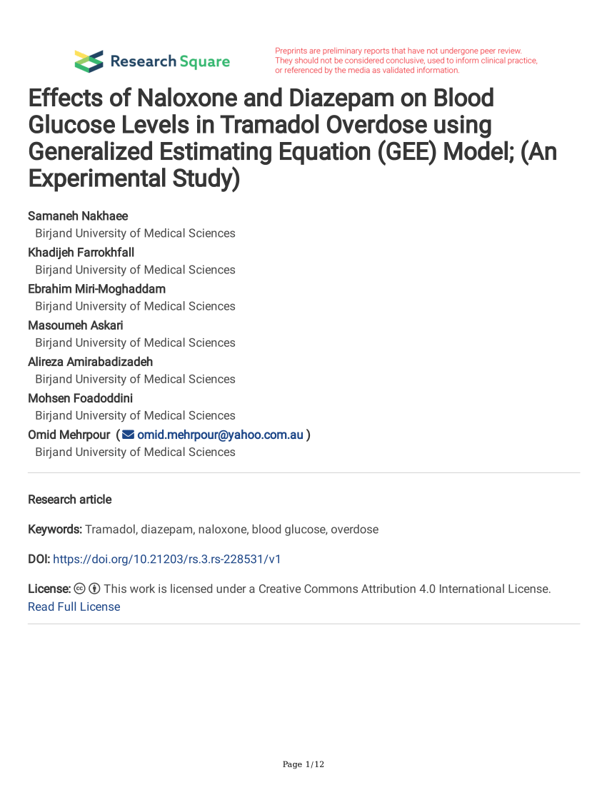 Pdf Effects Of Naloxone And Diazepam On Blood Glucose Levels In Tramadol Overdose Using Generalized Estimating Equation Gee Model An Experimental Study