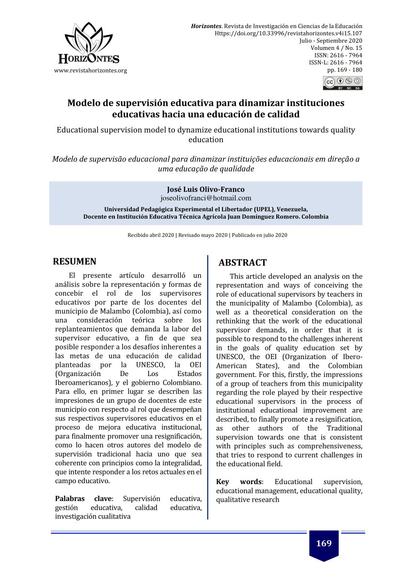 PDF) Modelo de supervisión educativa para dinamizar instituciones  educativas hacia una educación de calidad