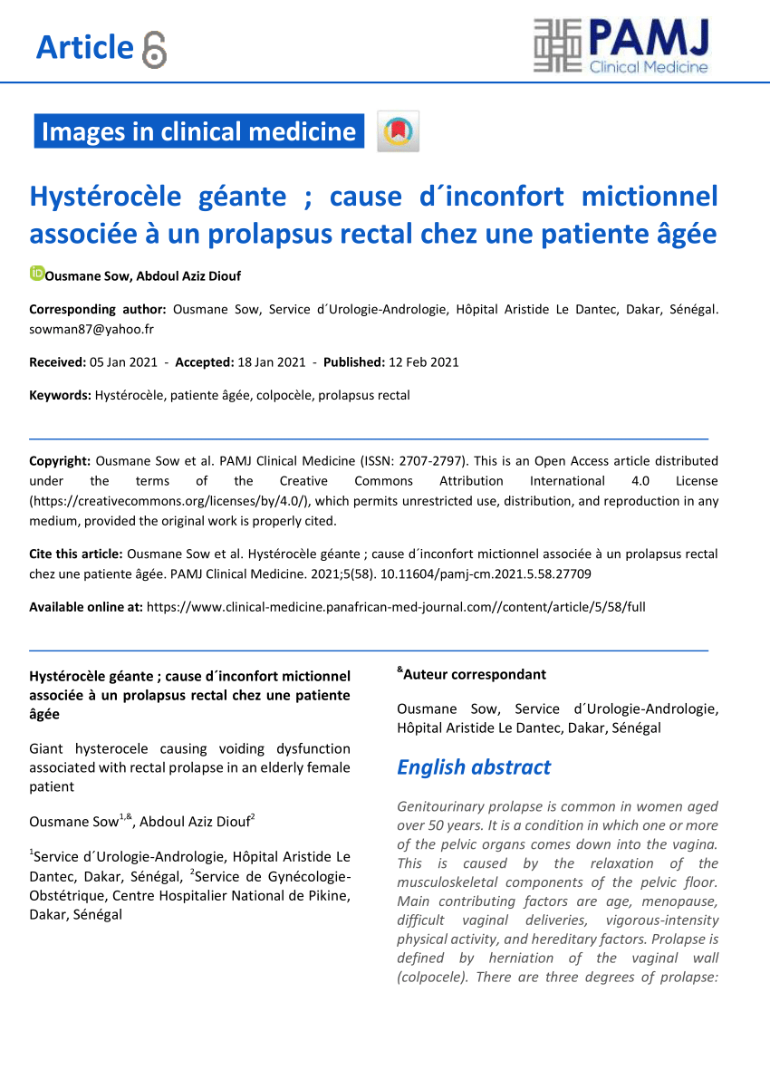 Pdf Hysterocele Geante Cause D Inconfort Mictionnel Associee A Un Prolapsus Rectal Chez Une Patiente Agee