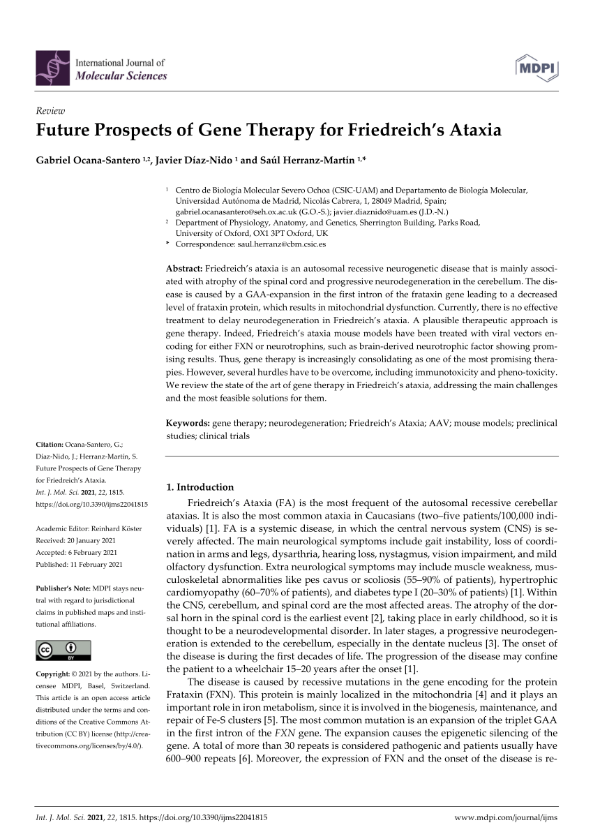 Pdf Future Prospects Of Gene Therapy For Friedreich S Ataxia