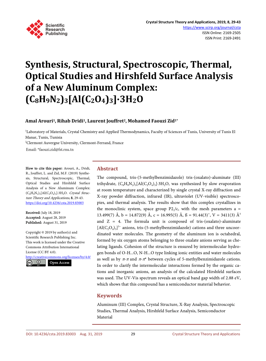 Pdf Synthesis Structural Spectroscopic Thermal Optical Studies And Hirshfeld Surface Analysis Of A New Aluminum Complex C Sub 8 Sub H Sub 9 Sub N Sub 2 Sub Sub 3 Sub Al C Sub 2 Sub O Sub 4 Sub Sub 3 Sub 3h Sub 2 Sub O