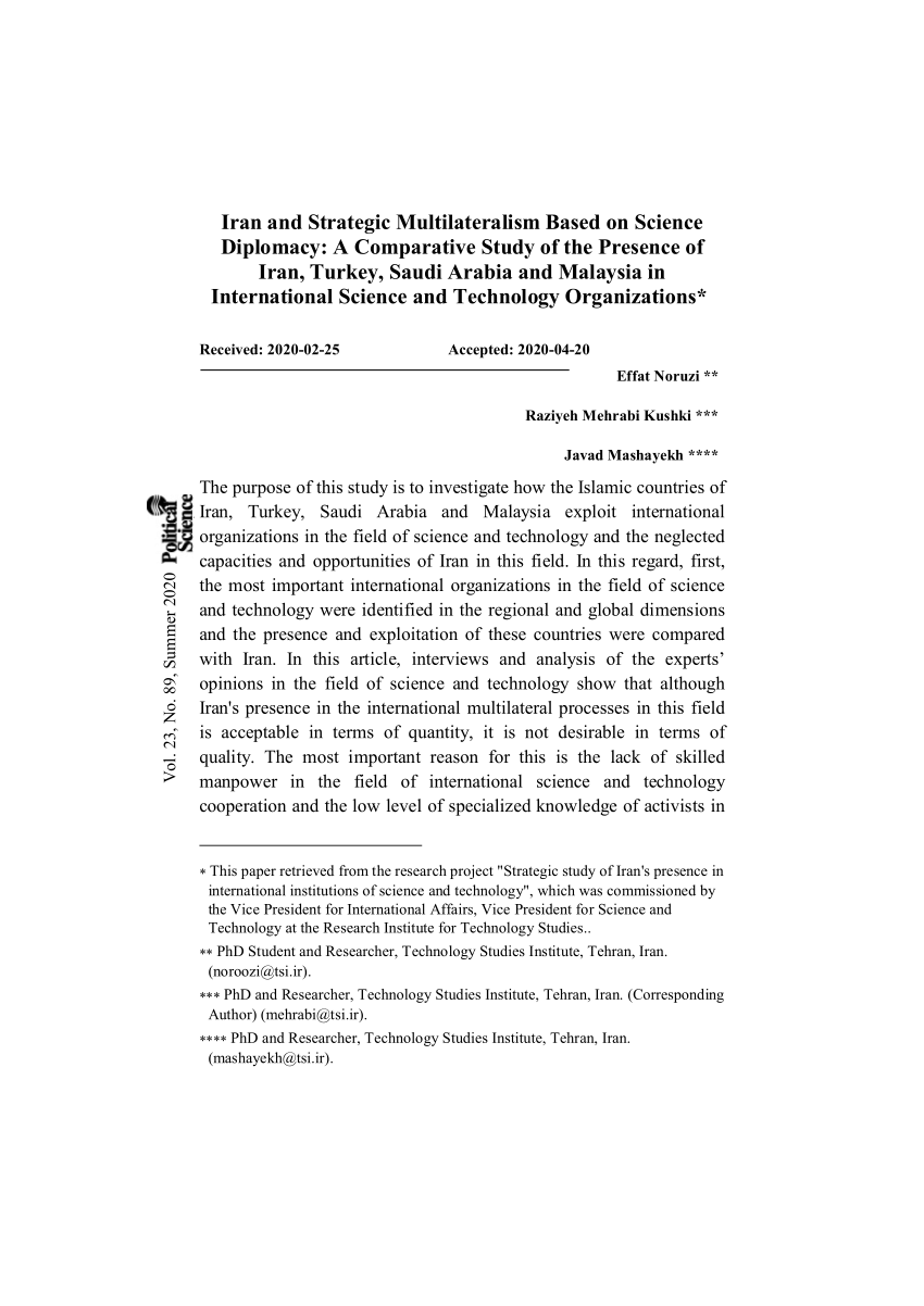 (PDF) Iran and Strategic Multilateralism Based on Science Diplomacy: A Comparative Study of the 