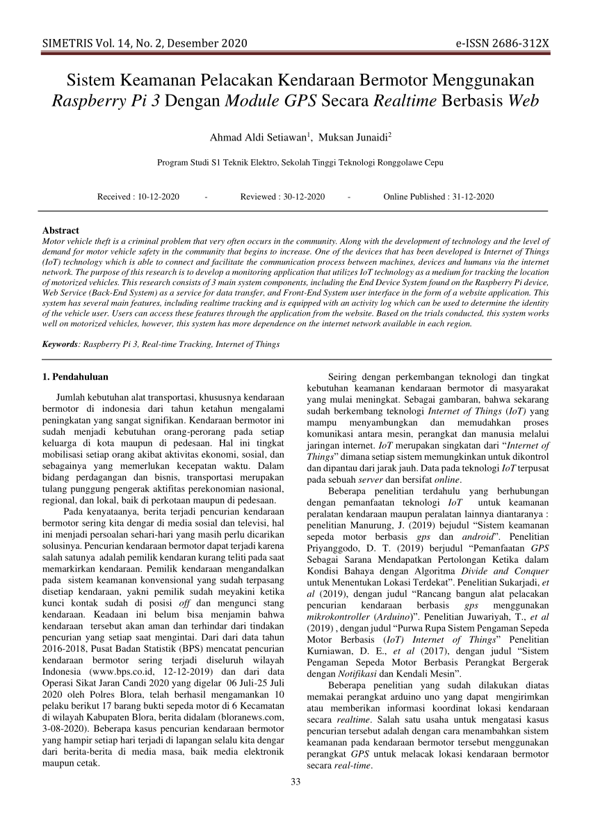 Pdf Sistem Keamanan Pelacakan Kendaraan Bermotor Menggunakan Raspberry Pi 3 Dengan Module Gps 0102