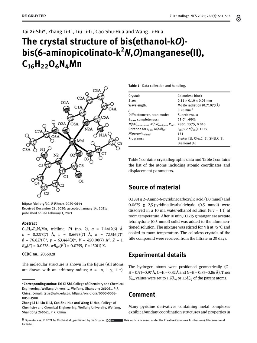 Pdf The Crystal Structure Of Bis Ethanol K O Bis 6 Aminopicolinato K 2 N O Manganese Ii C 16 H 22 O 6 N 4 Mn