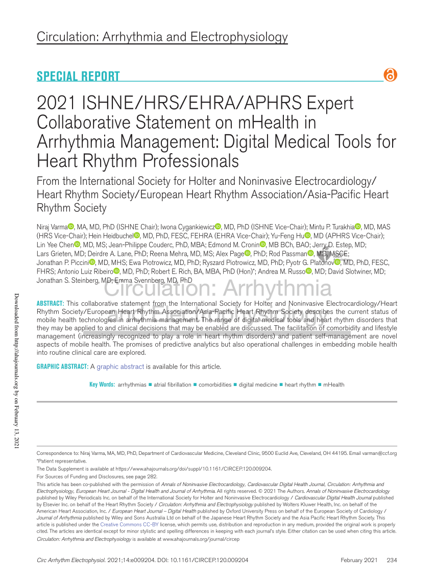 PDF) 2021 ISHNE/HRS/EHRA/APHRS Expert Collaborative Statement on mHealth in Arrhythmia Management Digital Medical Tools for Heart Rhythm Professionals From the International Society for Holter and Noninvasive Electrocardiology/Heart Rhythm Society