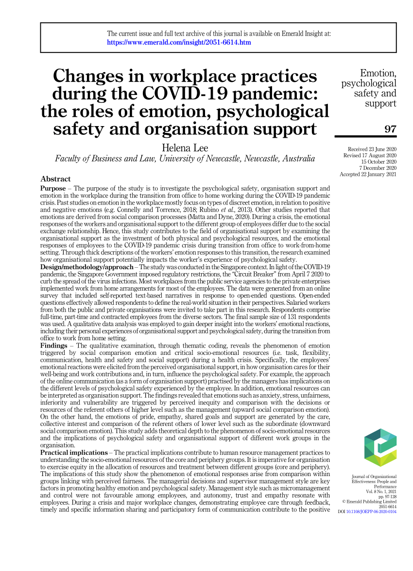 Pdf) Changes In Workplace Practices During The Covid-19 Pandemic: The Roles  Of Emotion, Psychological Safety And Organisation Support