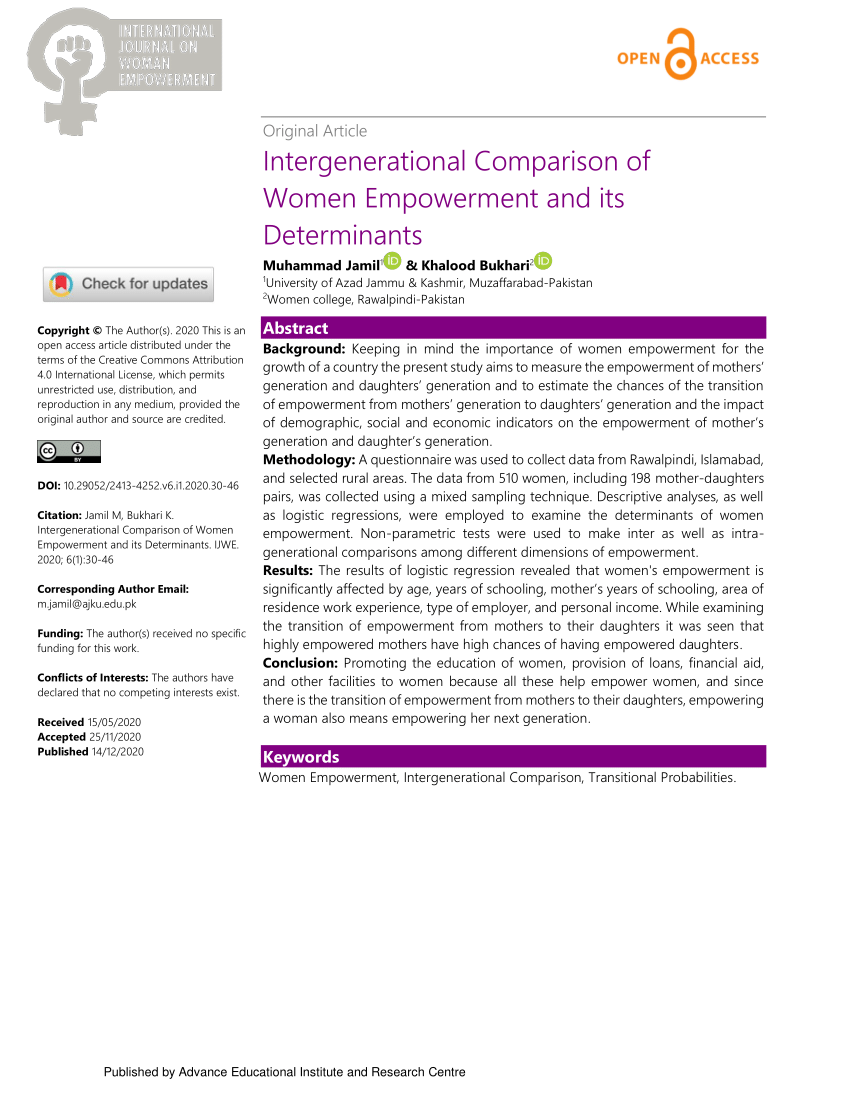 Pdf Intergenerational Comparison Of Women Empowerment And Its Determinants 1002