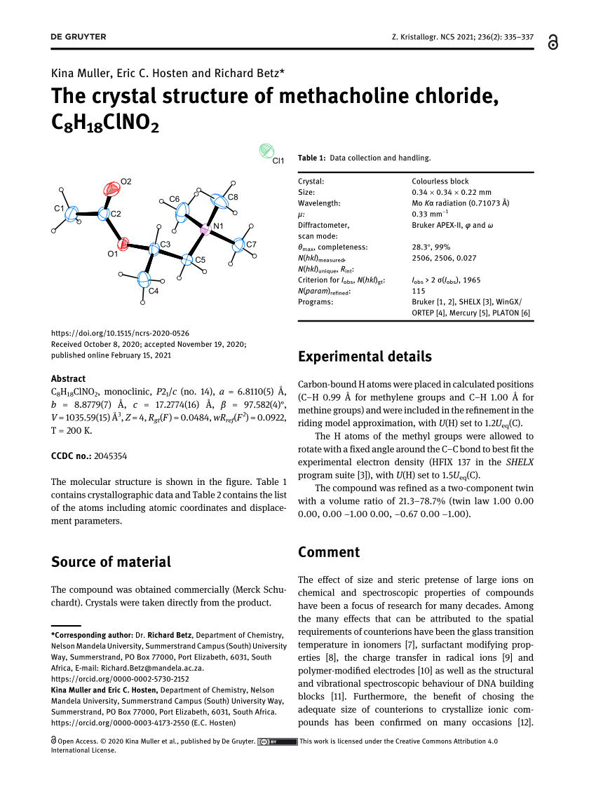 Pdf The Crystal Structure Of Methacholine Chloride C 8 H 18 Clno 2