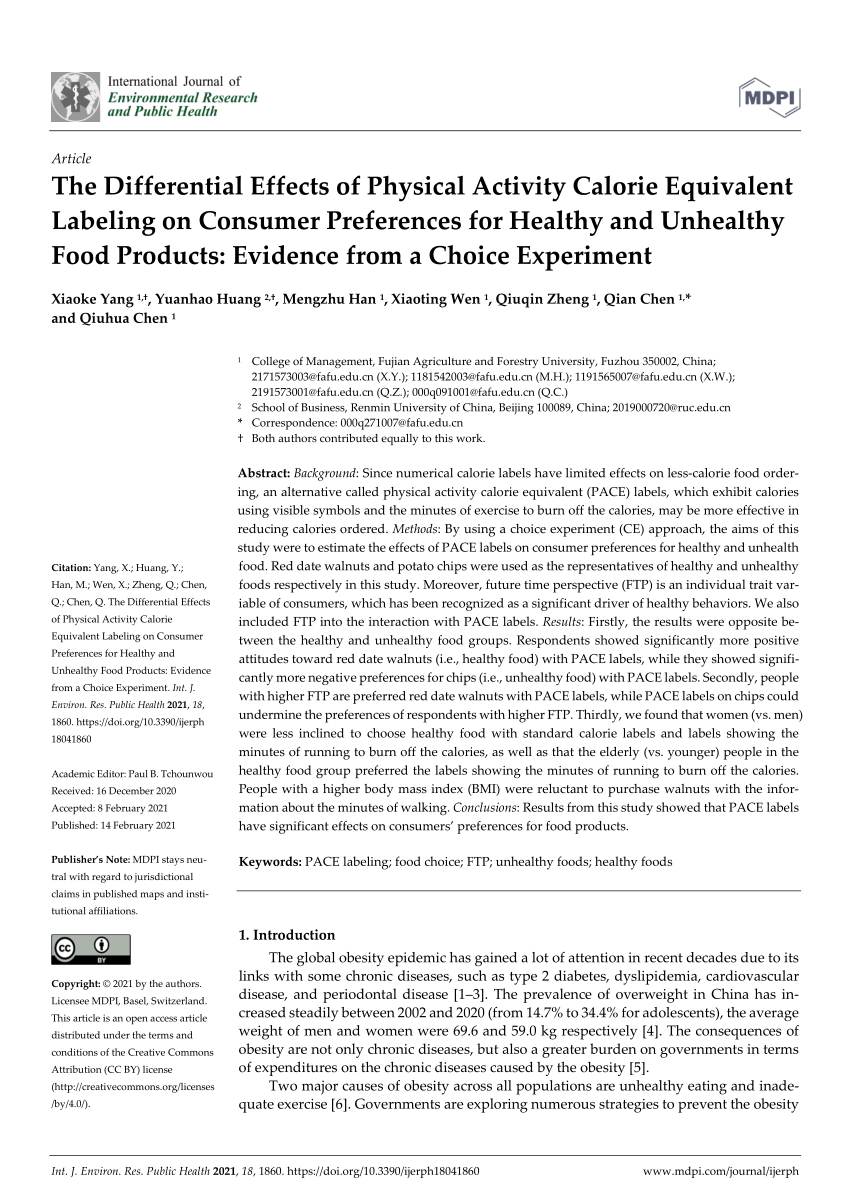 Pdf The Differential Effects Of Physical Activity Calorie Equivalent Labeling On Consumer Preferences For Healthy And Unhealthy Food Products Evidence From A Choice Experiment