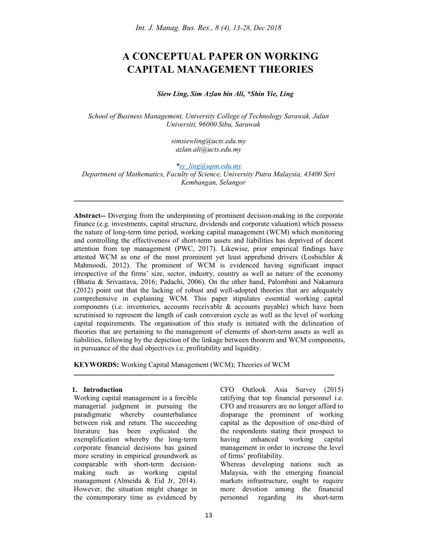 PDF) A CONCEPTUAL PAPER ON WORKING CAPITAL MANAGEMENT THEORIES