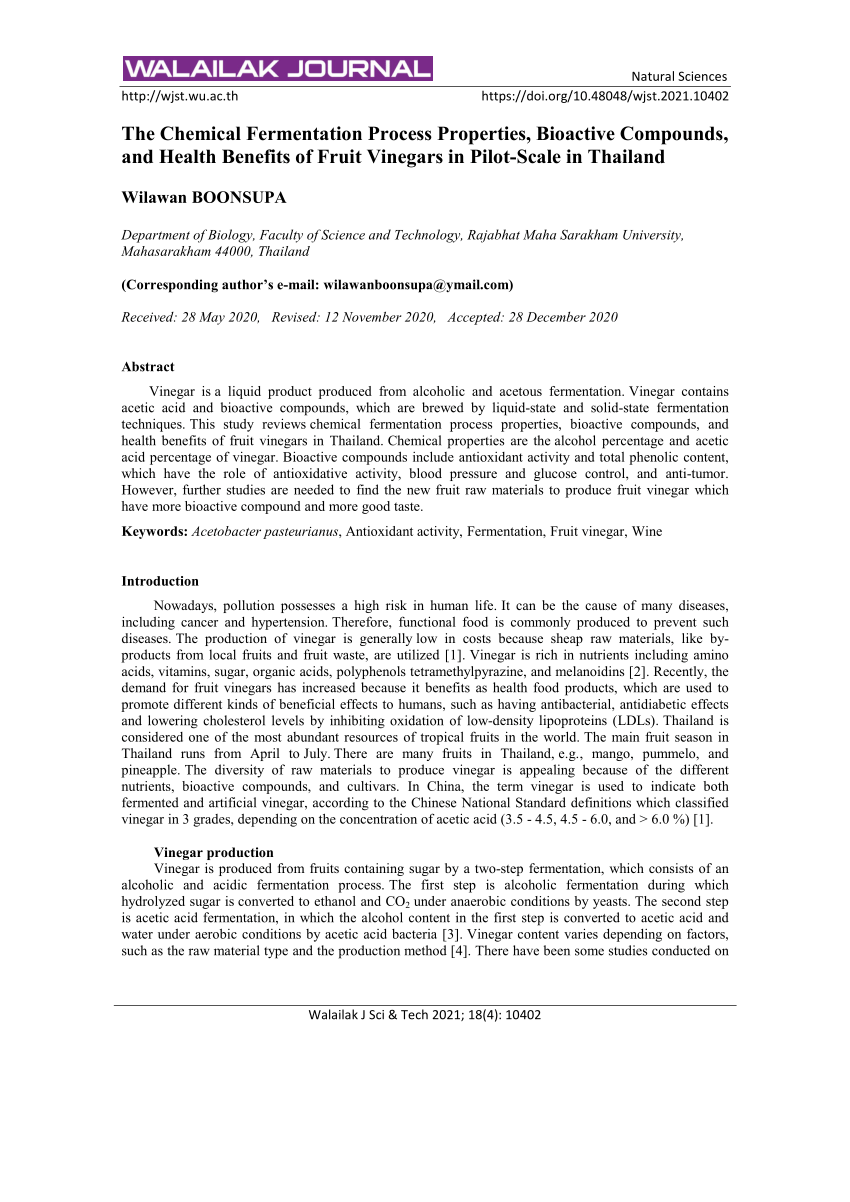 PDF) The Chemical Fermentation Process Properties, Bioactive Compounds, and  Health Benefits of Fruit Vinegars in Pilot-Scale in Thailand