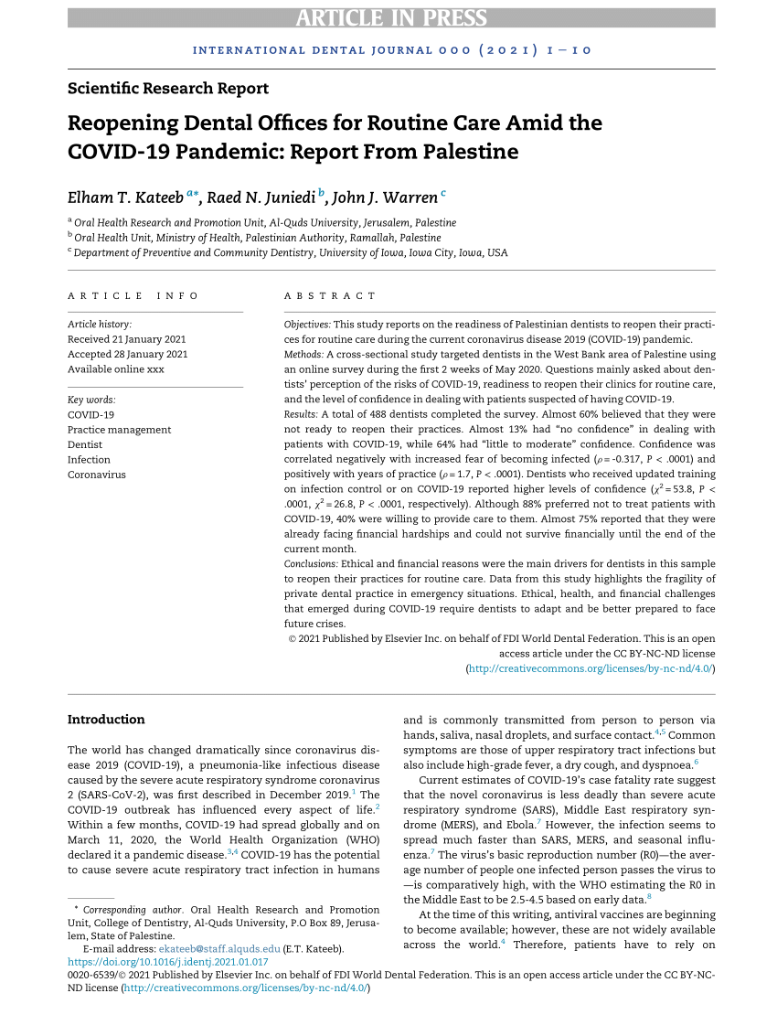(PDF) Reopening Dental Offices For Routine Care Amid COVID-19 Pandemic