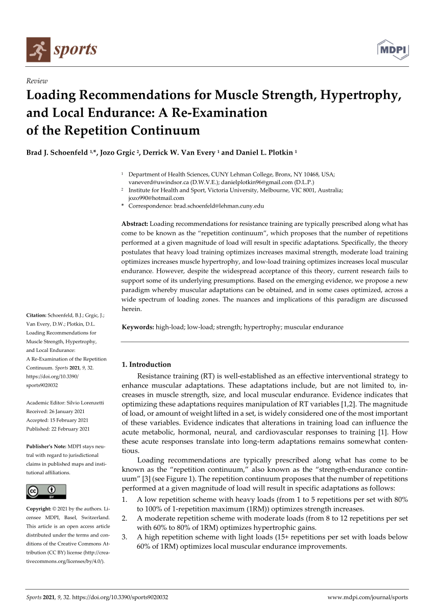 Pdf Loading Recommendations For Muscle Strength Hypertrophy And Local Endurance A Re Examination Of The Repetition Continuum