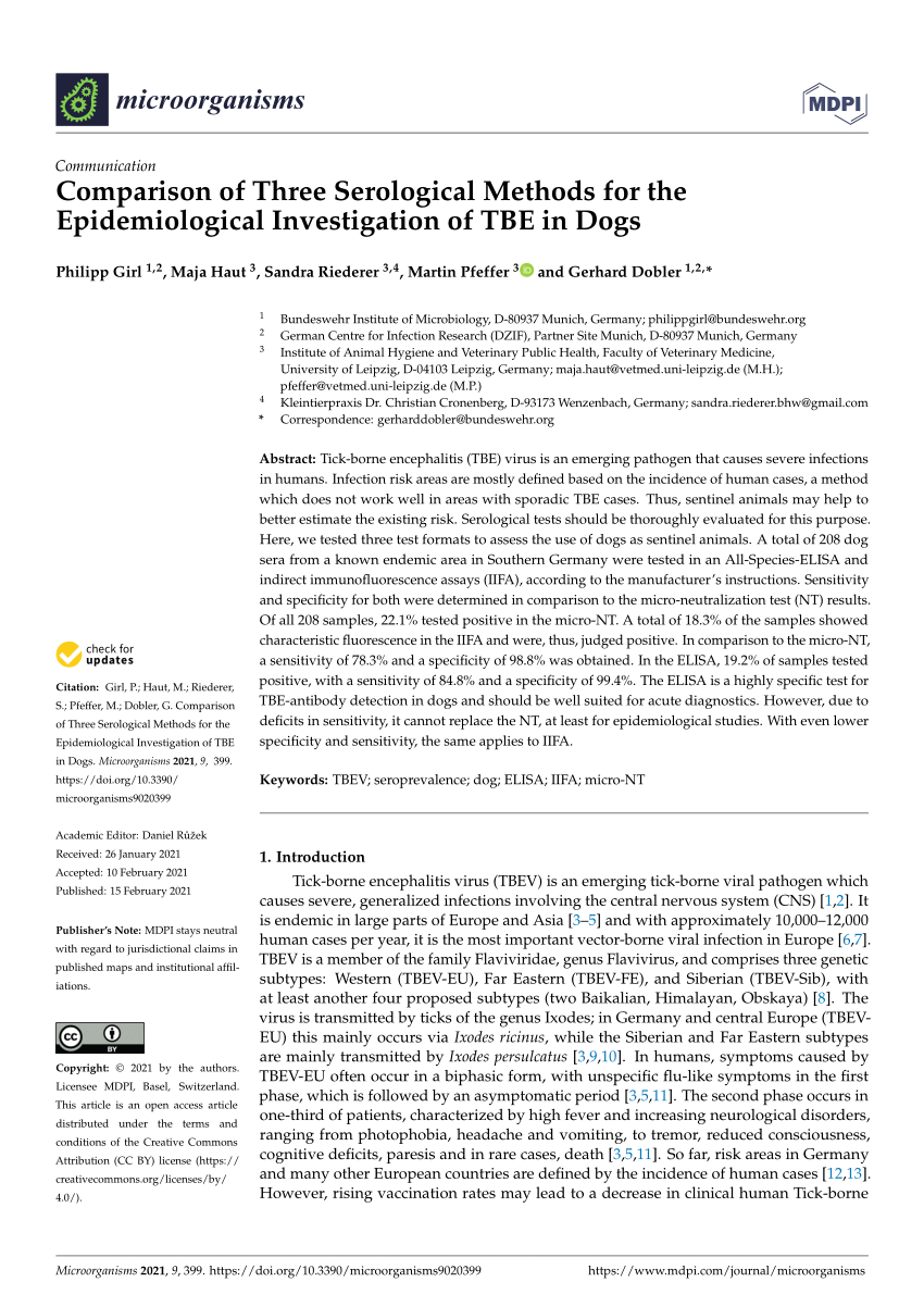Pdf Comparison Of Three Serological Methods For The Epidemiological Investigation Of Tbe In Dogs