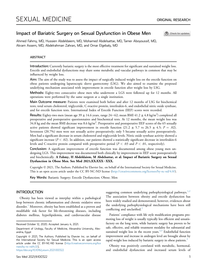 PDF Impact of Bariatric Surgery on Sexual Dysfunction in Obese Men