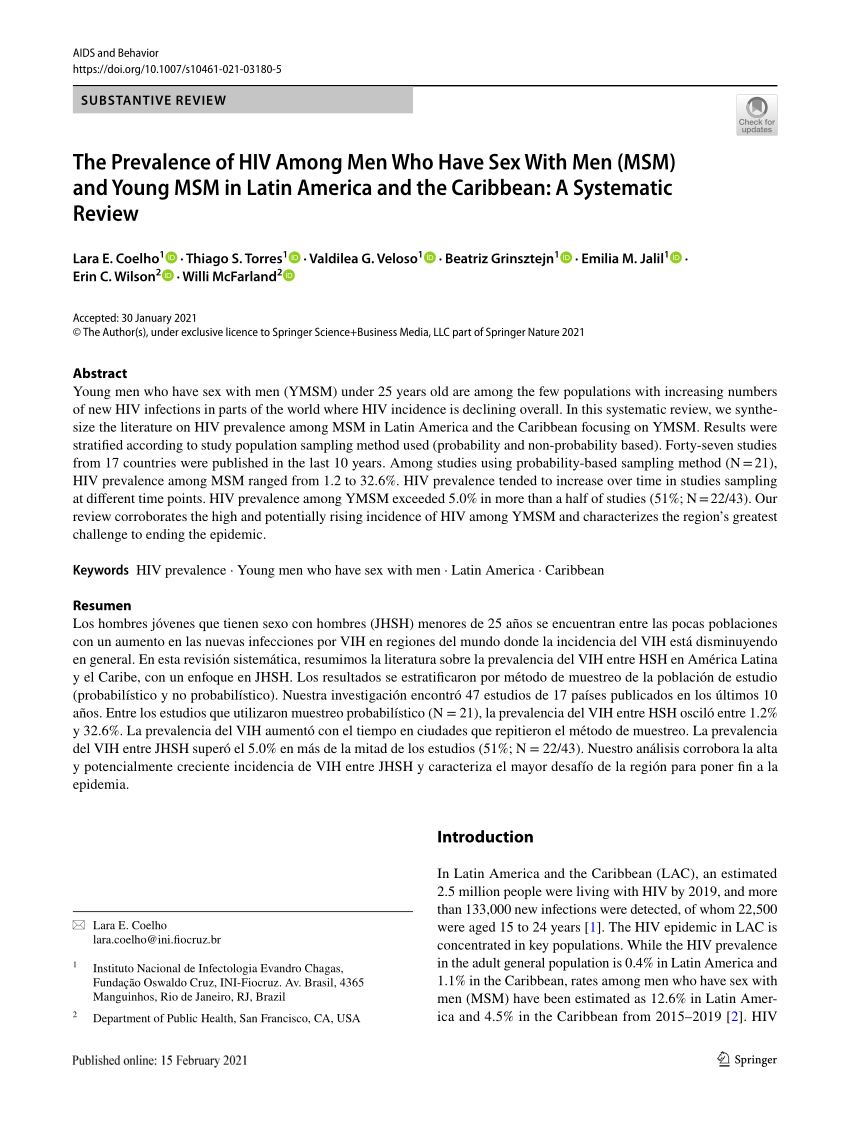 PDF) The Prevalence of HIV Among Men Who Have Sex With Men (MSM) and Young  MSM in Latin America and the Caribbean: A Systematic Review