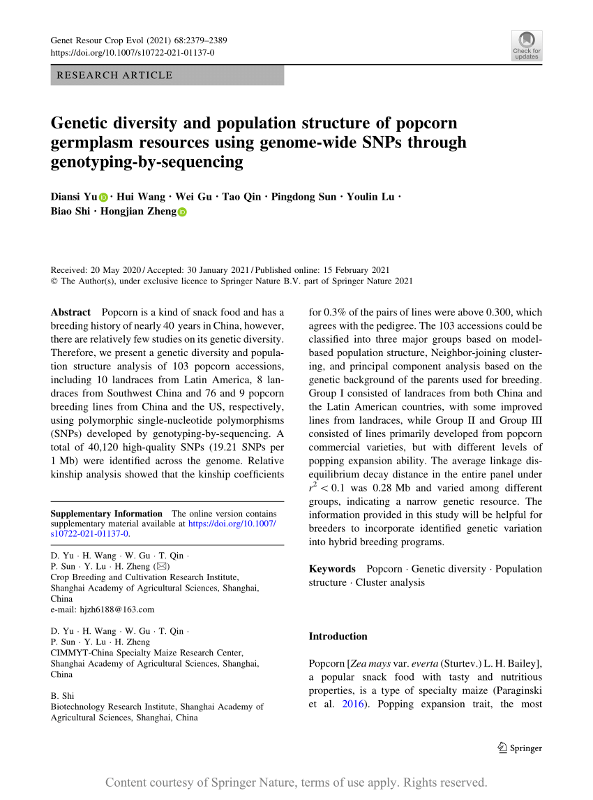 Genetic Diversity And Population Structure Of Popcorn Germplasm Resources Using Genome Wide Snps Through Genotyping By Sequencing Request Pdf