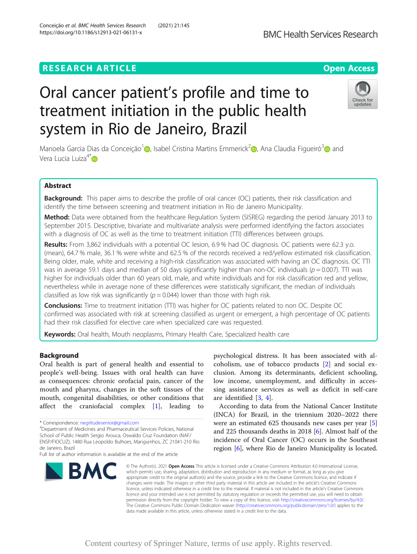 Pdf Oral Cancer Patient S Profile And Time To Treatment Initiation In The Public Health System In Rio De Janeiro Brazil