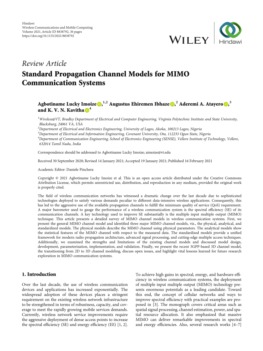 Pdf Standard Propagation Channel Models For Mimo Communication Systems