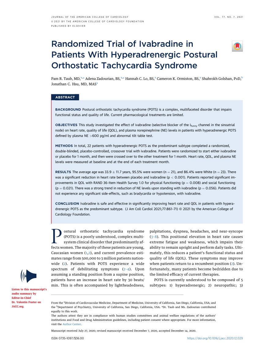 PDF) Randomized Trial of Ivabradine in Patients With Hyperadrenergic  Postural Orthostatic Tachycardia Syndrome