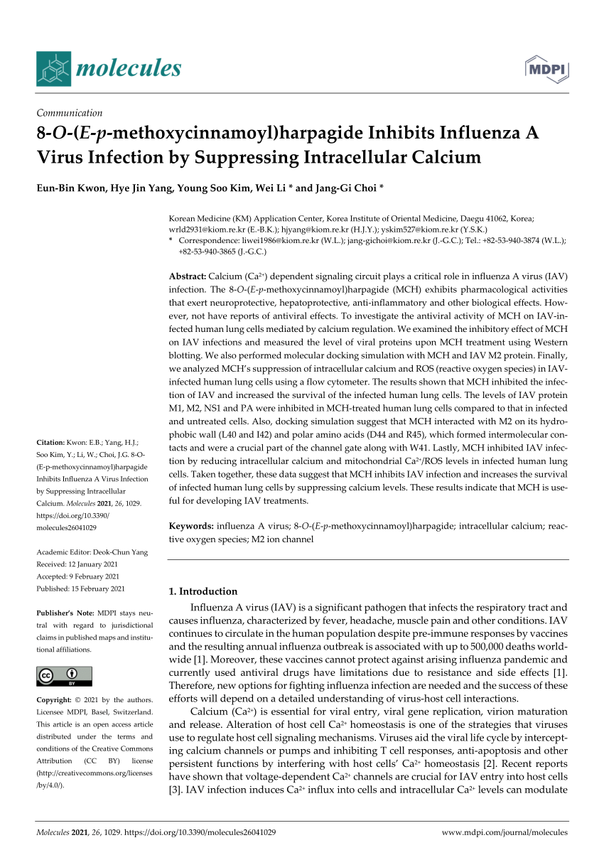 Pdf 8 O E P Methoxycinnamoyl Harpagide Inhibits Influenza A Virus Infection By Suppressing Intracellular Calcium