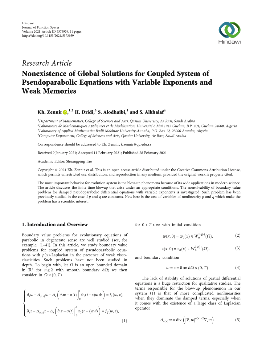 Pdf Nonexistence Of Global Solutions For Coupled System Of Pseudoparabolic Equations With Variable Exponents And Weak Memories
