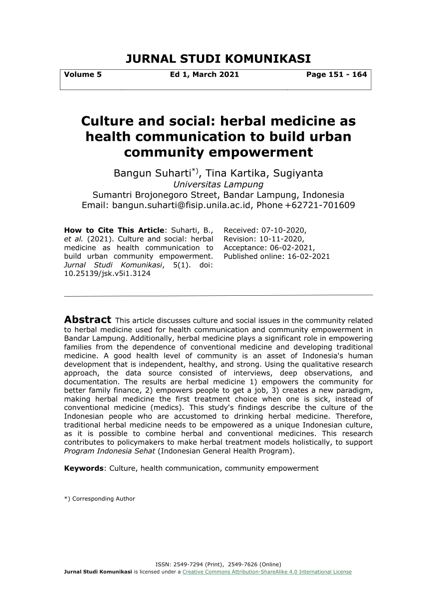 Pdf Culture And Social Herbal Medicine As Health Communication To Build Urban Community Empowerment