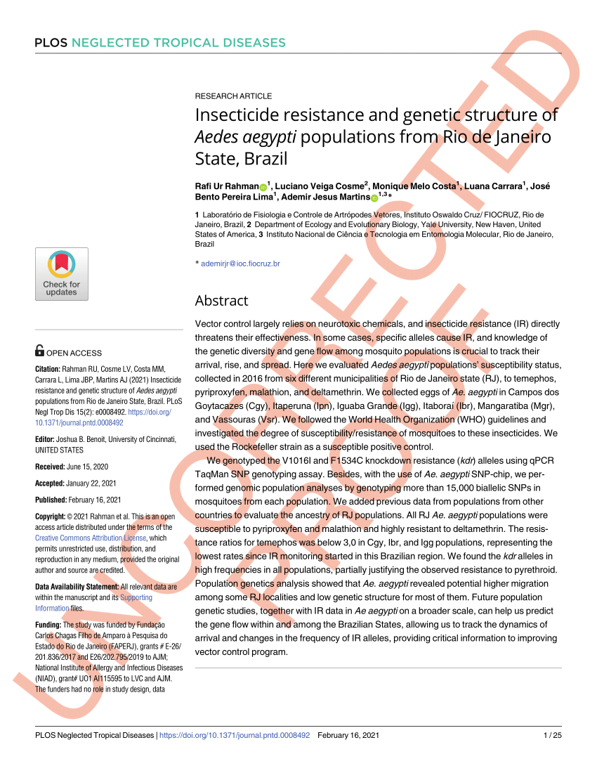 Pdf Insecticide Resistance And Genetic Structure Of Aedes Aegypti Populations From Rio De Janeiro State Brazil