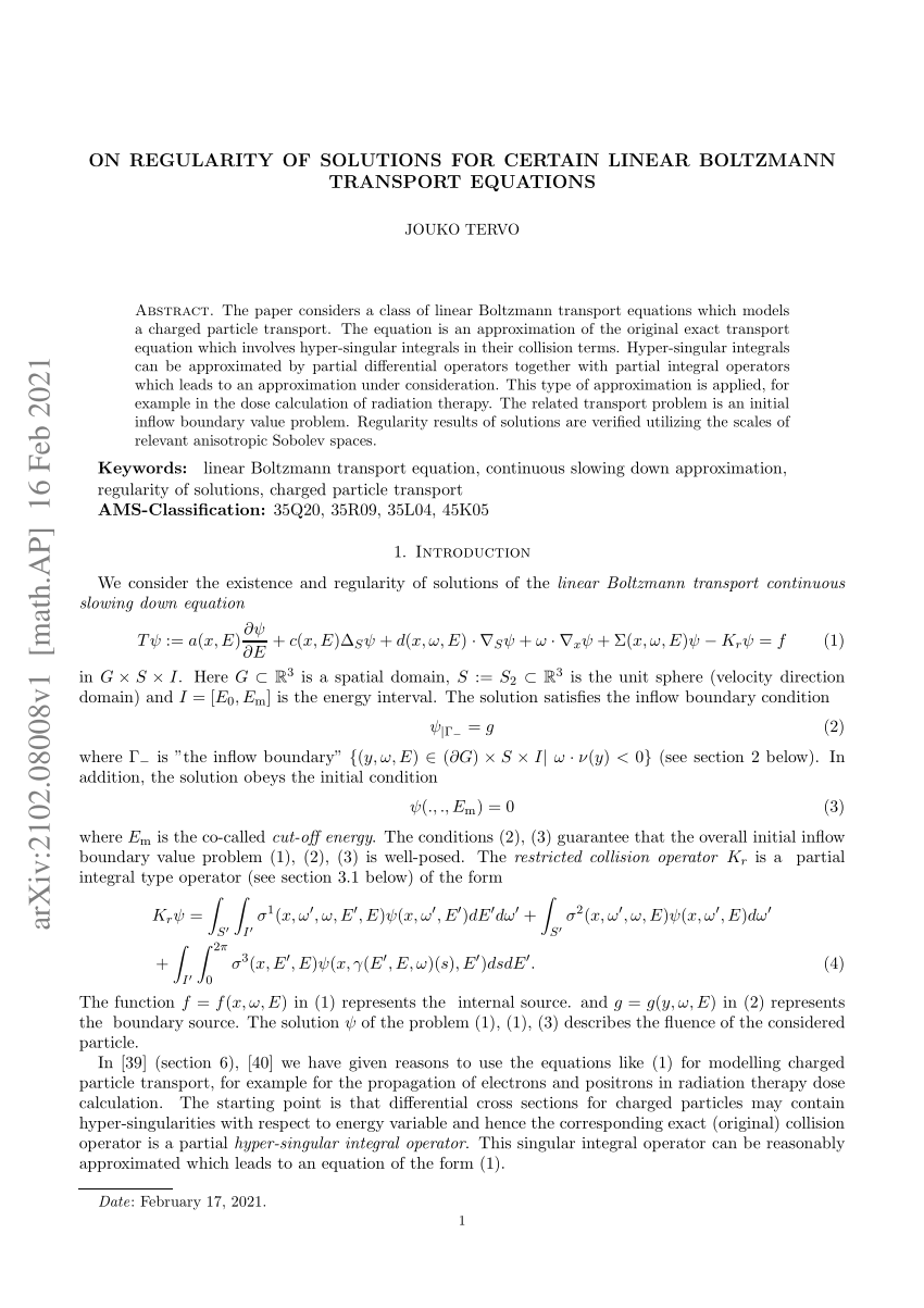 Pdf On Regularity Of Solutions For Certain Linear Boltzmann Transport Equations