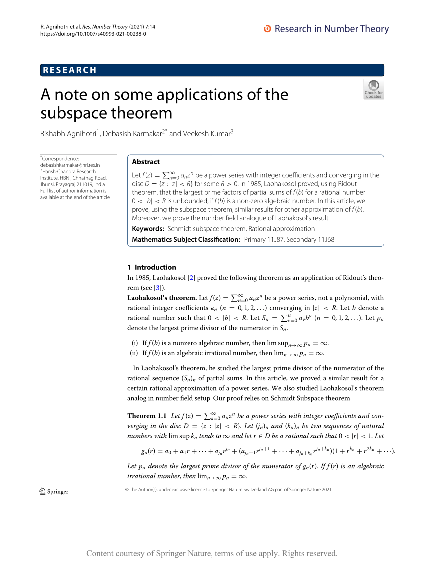 A Note On Some Applications Of The Subspace Theorem Request Pdf