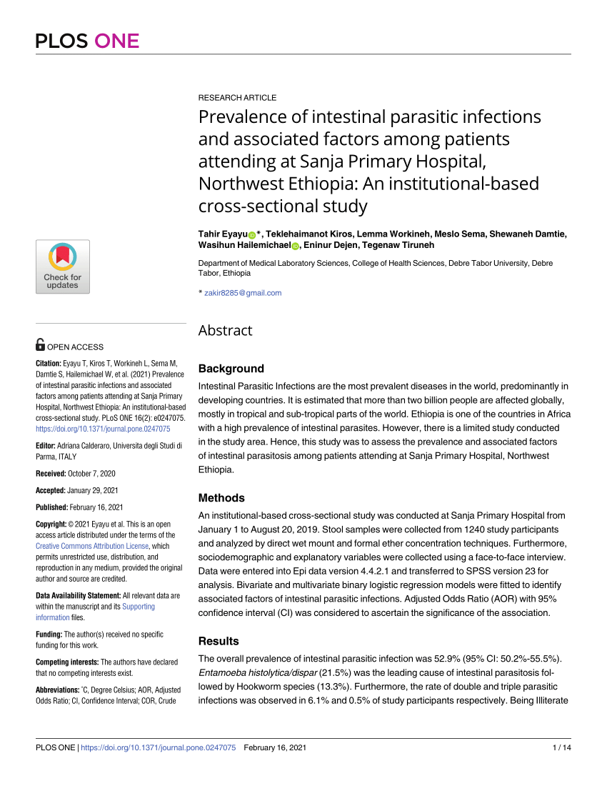 Pdf Prevalence Of Intestinal Parasitic Infections And Associated Factors Among Patients 5094