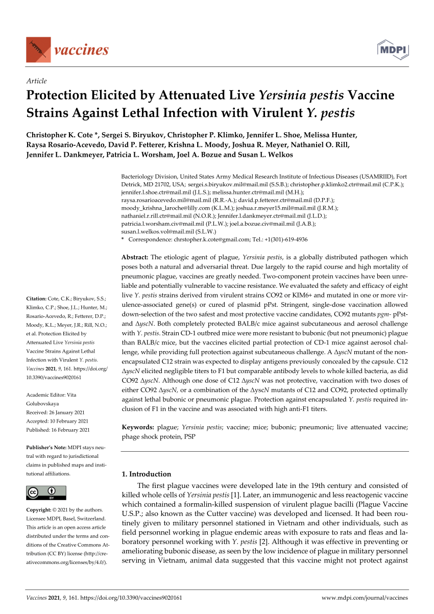Pdf Protection Elicited By Attenuated Live Yersinia Pestis Vaccine Strains Against Lethal Infection With Virulent Y Pestis