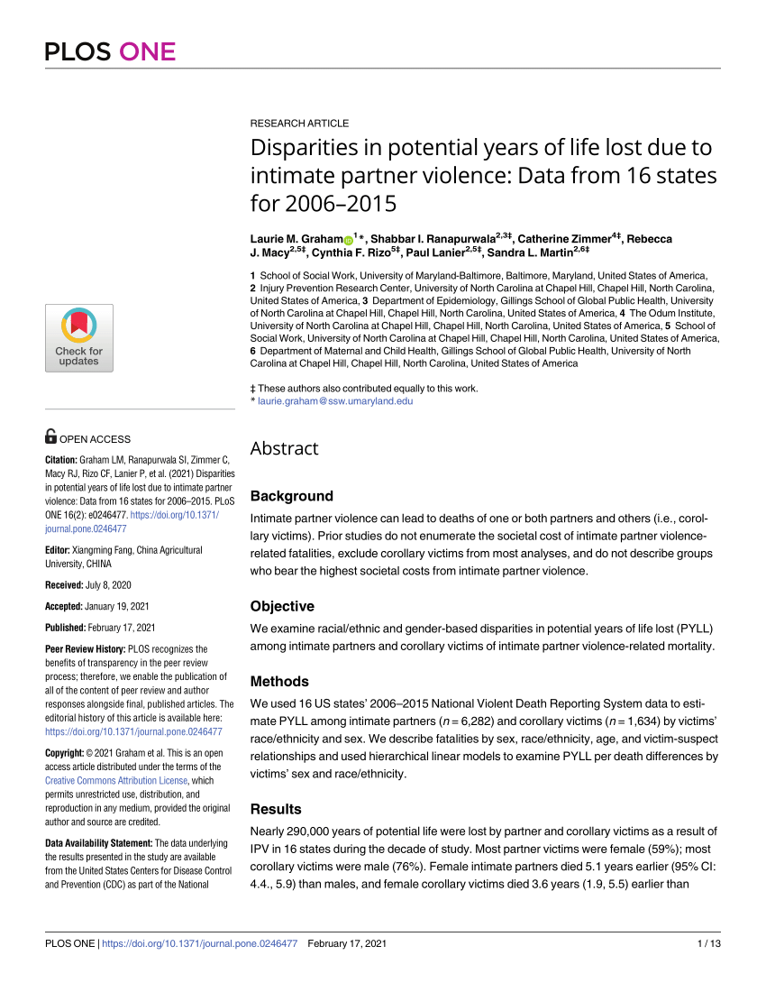 PDF) Disparities in potential years of life lost due to intimate partner  violence: Data from 16 states for 2006-2015