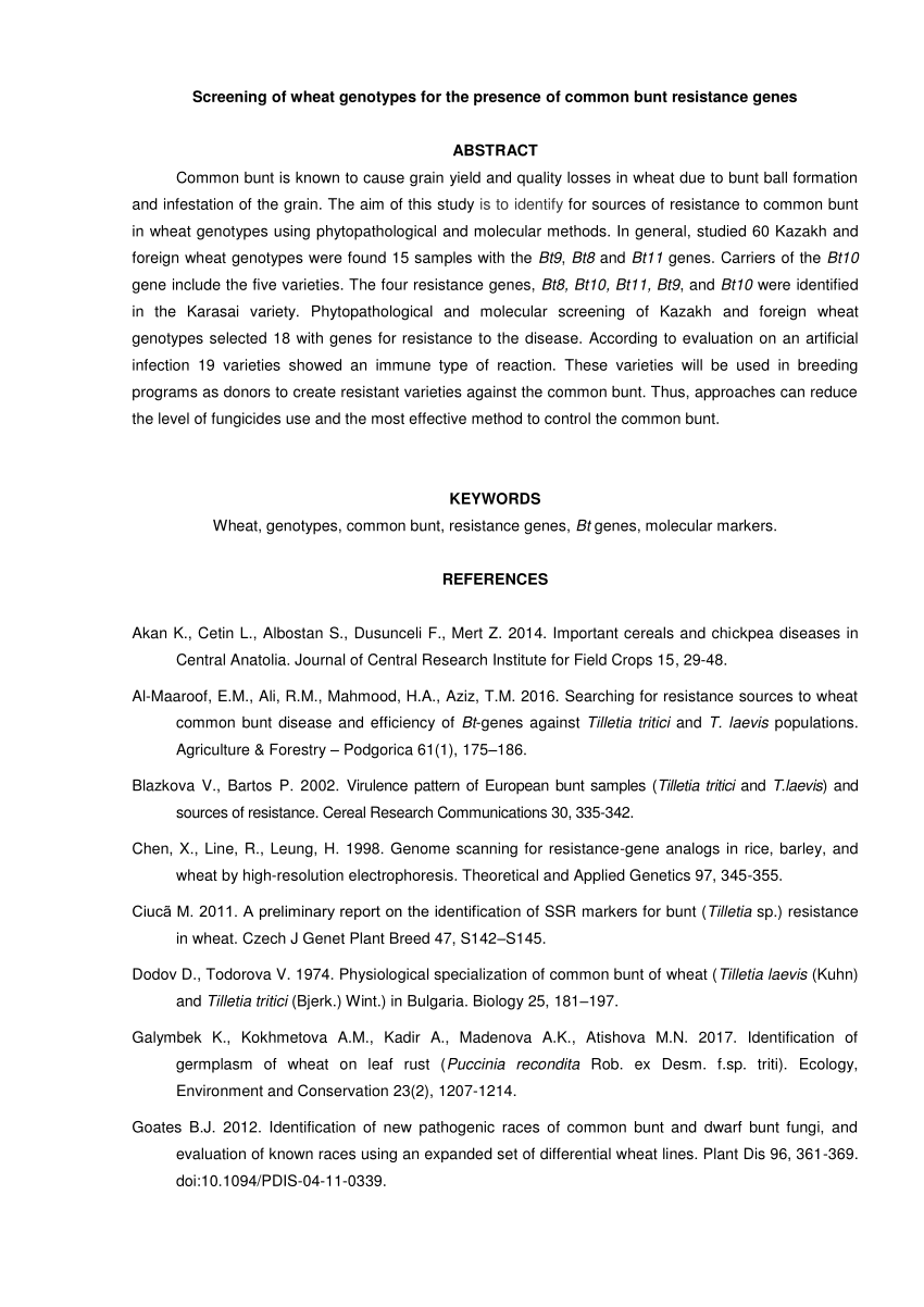 Pdf Screening Of Wheat Genotypes For The Presence Of Common Bunt Resistance Genes