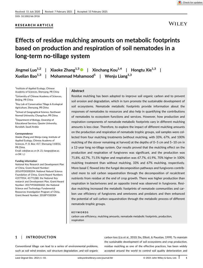 Pdf Effects Of Residue Mulching Amounts On Metabolic Footprints Based On Production And Respiration Of Soil Nematodes In A Long Term No Tillage System