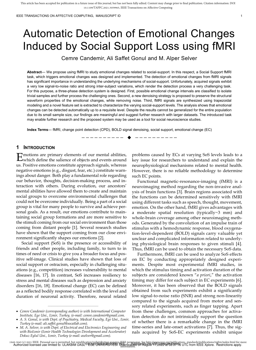 PDF) Automatic Detection of Emotional Changes Induced by Social Support  Loss Using fMRI